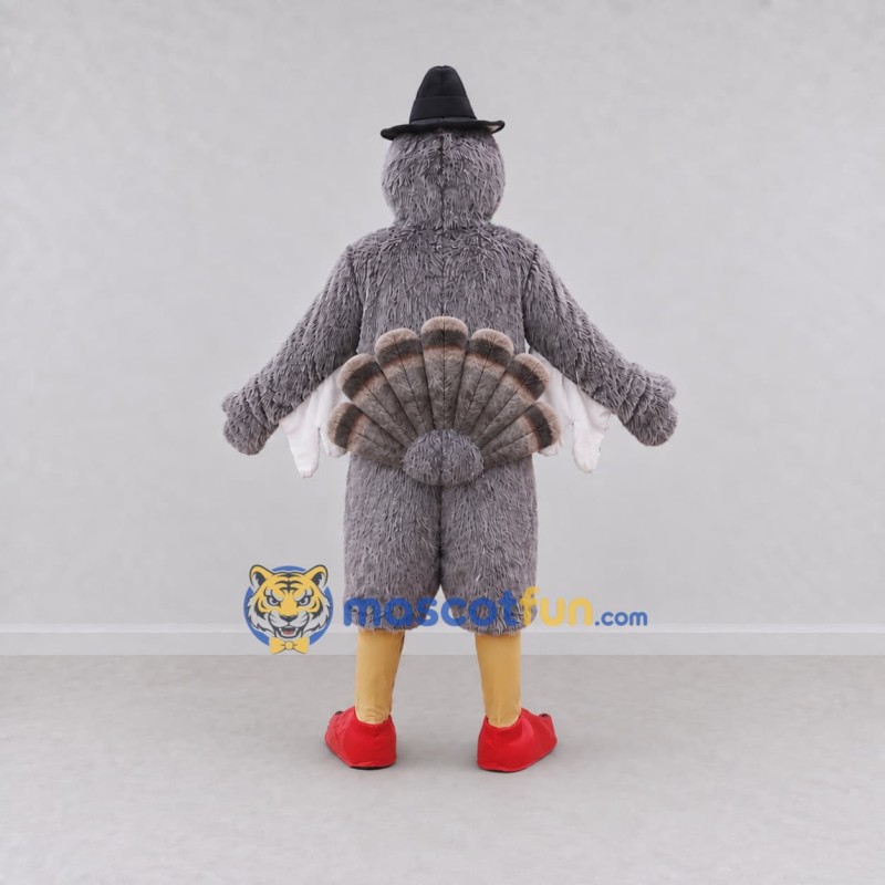 Custom Gray and Red Turkey Character with a Pilgrim Hat Mascot Costume Adult Full Body Suit for Community Events Custom Gray and Red Turkey Character with a Pilgrim Hat Mascot Costume Adult Full Body Suit for Community Events