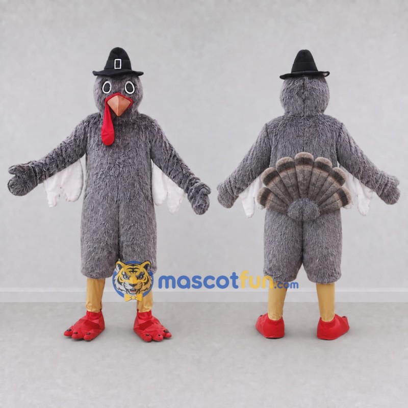 Custom Gray and Red Turkey Character with a Pilgrim Hat Mascot Costume Adult Full Body Suit for Community Events Custom Gray and Red Turkey Character with a Pilgrim Hat Mascot Costume Adult Full Body Suit for Community Events