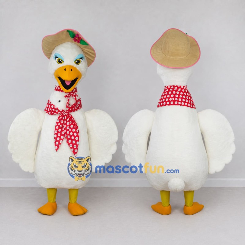 Custom White and Yellow Duck Character with a Sun Hat Mascot Costume Adult Full Body Suit for Summer Events