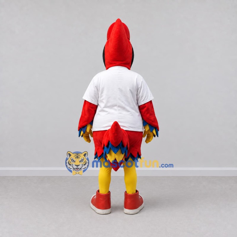 Custom Red and Blue Bird Character in a T-Shirt Mascot Costume Adult Full Body Suit for School Events Custom Red and Blue Bird Character in a T-Shirt Mascot Costume Adult Full Body Suit for School Events