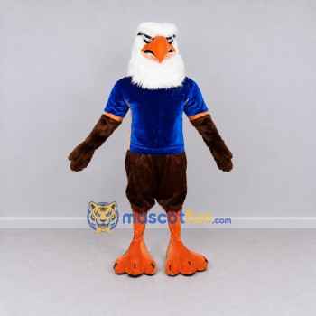 Custom Brown and White Bald Eagle Character in a Blue Shirt Mascot Costume Adult Full Body Suit for Sports Events