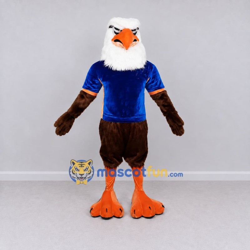 Custom Brown and White Bald Eagle Character in a Blue Shirt Mascot Costume Adult Full Body Suit for Sports Events Custom Brown and White Bald Eagle Character in a Blue Shirt Mascot Costume Adult Full Body Suit for Sports Events