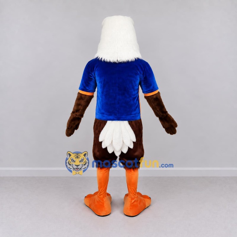 Custom Brown and White Bald Eagle Character in a Blue Shirt Mascot Costume Adult Full Body Suit for Sports Events Custom Brown and White Bald Eagle Character in a Blue Shirt Mascot Costume Adult Full Body Suit for Sports Events