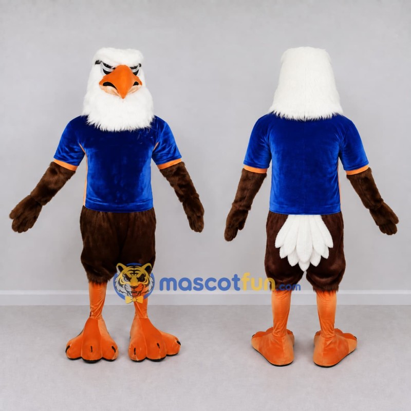 Custom Brown and White Bald Eagle Character in a Blue Shirt Mascot Costume Adult Full Body Suit for Sports Events Custom Brown and White Bald Eagle Character in a Blue Shirt Mascot Costume Adult Full Body Suit for Sports Events