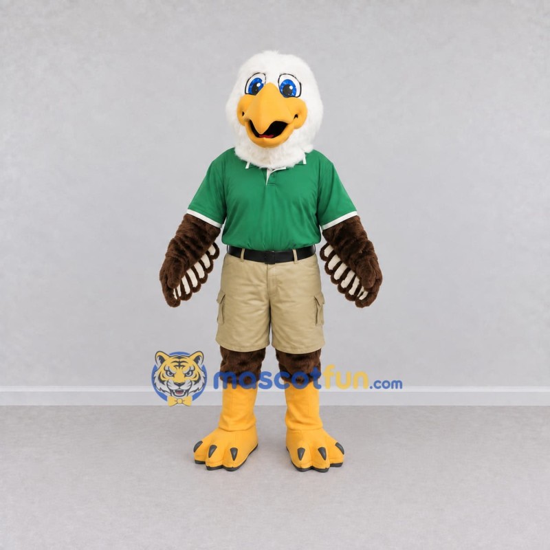 Custom Brown and White Eagle Character in a Polo Shirt Mascot Costume Adult Full Body Suit for Community Events Custom Brown and White Eagle Character in a Polo Shirt Mascot Costume Adult Full Body Suit for Community Events
