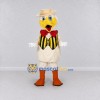 Custom White and Yellow Duck Character in a Striped Vest Mascot Costume Adult Full Body Suit for Theme Parties Custom White and Yellow Duck Character in a Striped Vest Mascot Costume Adult Full Body Suit for Theme Parties