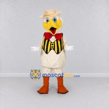 Custom White and Yellow Duck Character in a Striped Vest Mascot Costume Adult Full Body Suit for Theme Parties