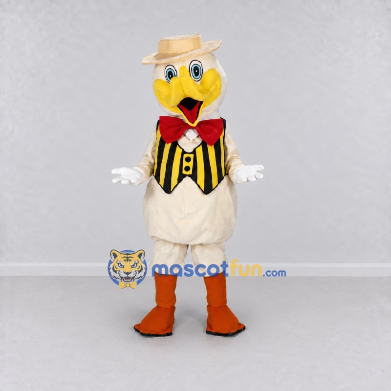 Custom White and Yellow Duck Character in a Striped Vest Mascot Costume Adult Full Body Suit for Theme Parties Custom White and Yellow Duck Character in a Striped Vest Mascot Costume Adult Full Body Suit for Theme Parties