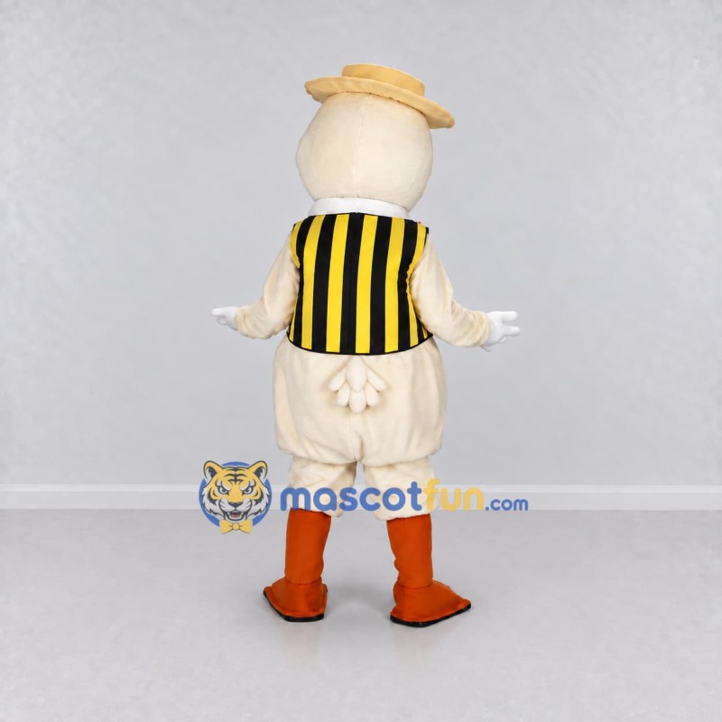 Custom White and Yellow Duck Character in a Striped Vest Mascot Costume Adult Full Body Suit for Theme Parties Custom White and Yellow Duck Character in a Striped Vest Mascot Costume Adult Full Body Suit for Theme Parties