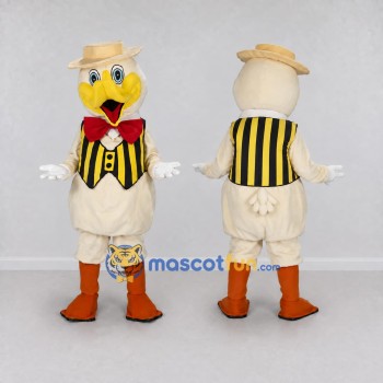 Custom White and Yellow Duck Character in a Striped Vest Mascot Costume Adult Full Body Suit for Theme Parties