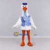 Custom White and Blue Stork Character in a Striped Vest Mascot Costume Adult Full Body Suit for Theme Parties Custom White and Blue Stork Character in a Striped Vest Mascot Costume Adult Full Body Suit for Theme Parties