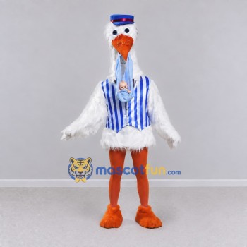 Custom White and Blue Stork Character in a Striped Vest Mascot Costume Adult Full Body Suit for Theme Parties