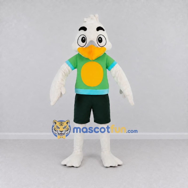 Custom White and Green Bird Character in Sportswear Mascot Costume Adult Full Body Suit for Sports Events Custom White and Green Bird Character in Sportswear Mascot Costume Adult Full Body Suit for Sports Events