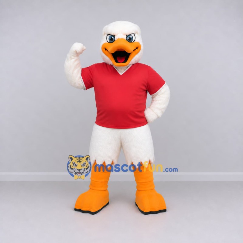 Custom White and Red Duck Character in a T-Shirt Mascot Costume Adult Full Body Suit for School Events Custom White and Red Duck Character in a T-Shirt Mascot Costume Adult Full Body Suit for School Events