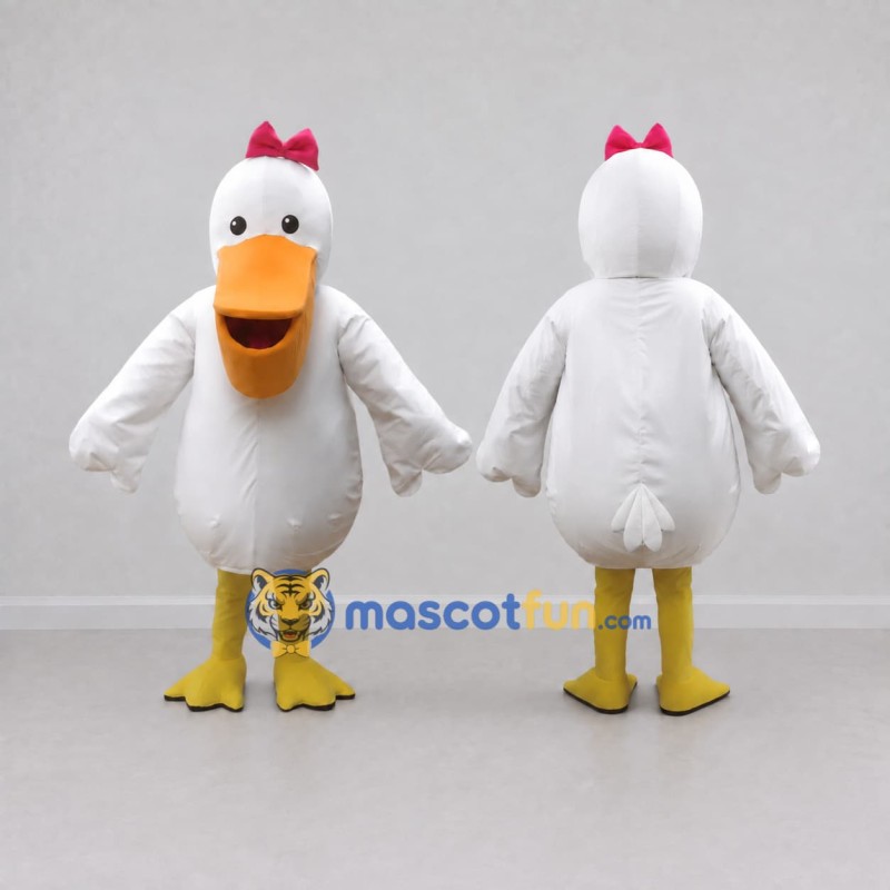 Custom White and Orange Duck Character with a Bow Mascot Costume Adult Full Body Suit for School Events Custom White and Orange Duck Character with a Bow Mascot Costume Adult Full Body Suit for School Events