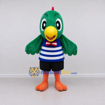 Custom Green and Blue Bird Character in a Striped Shirt Mascot Costume Adult Full Body Suit for School Events Custom Green and Blue Bird Character in a Striped Shirt Mascot Costume Adult Full Body Suit for School Events
