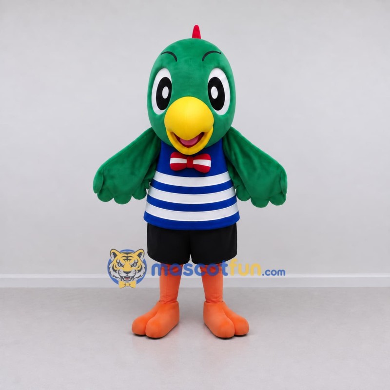 Custom Green and Blue Bird Character in a Striped Shirt Mascot Costume Adult Full Body Suit for School Events Custom Green and Blue Bird Character in a Striped Shirt Mascot Costume Adult Full Body Suit for School Events