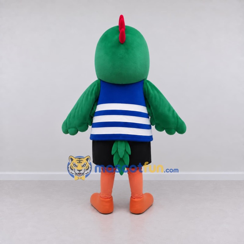Custom Green and Blue Bird Character in a Striped Shirt Mascot Costume Adult Full Body Suit for School Events Custom Green and Blue Bird Character in a Striped Shirt Mascot Costume Adult Full Body Suit for School Events