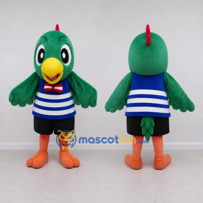 Custom Green and Blue Bird Character in a Striped Shirt Mascot Costume Adult Full Body Suit for School Events Custom Green and Blue Bird Character in a Striped Shirt Mascot Costume Adult Full Body Suit for School Events