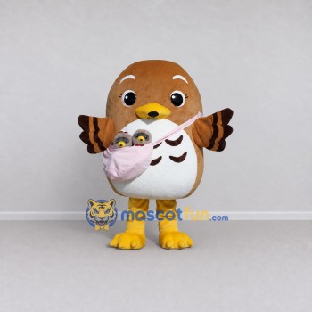 Custom Brown and White Owl Character with a Baby Sling Mascot Costume Adult Full Body Suit for School Events Custom Brown and White Owl Character with a Baby Sling Mascot Costume Adult Full Body Suit for School Events