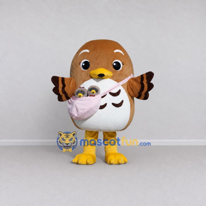 Custom Brown and White Owl Character with a Baby Sling Mascot Costume Adult Full Body Suit for School Events Custom Brown and White Owl Character with a Baby Sling Mascot Costume Adult Full Body Suit for School Events