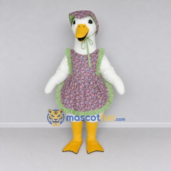 Custom White and Green Goose Character in a Floral Apron Mascot Costume Adult Full Body Suit for Farm Events