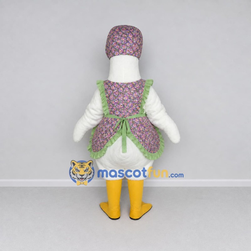 Custom White and Green Goose Character in a Floral Apron Mascot Costume Adult Full Body Suit for Farm Events Custom White and Green Goose Character in a Floral Apron Mascot Costume Adult Full Body Suit for Farm Events