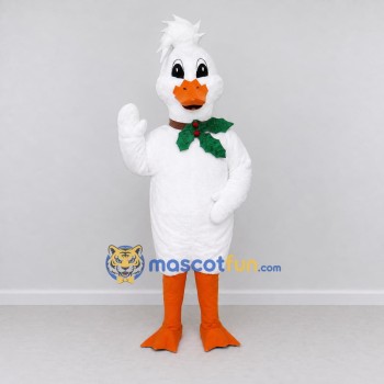 Custom White and Orange Duck Character with a Holiday Bow Mascot Costume Adult Full Body Suit for Christmas Events Custom White and Orange Duck Character with a Holiday Bow Mascot Costume Adult Full Body Suit for Christmas Events