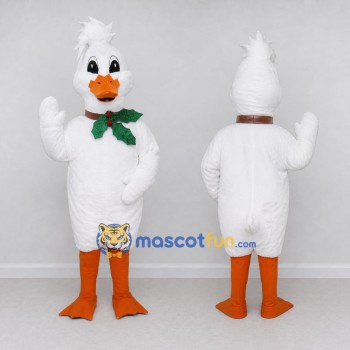 Custom White and Orange Duck Character with a Holiday Bow Mascot Costume Adult Full Body Suit for Christmas Events
