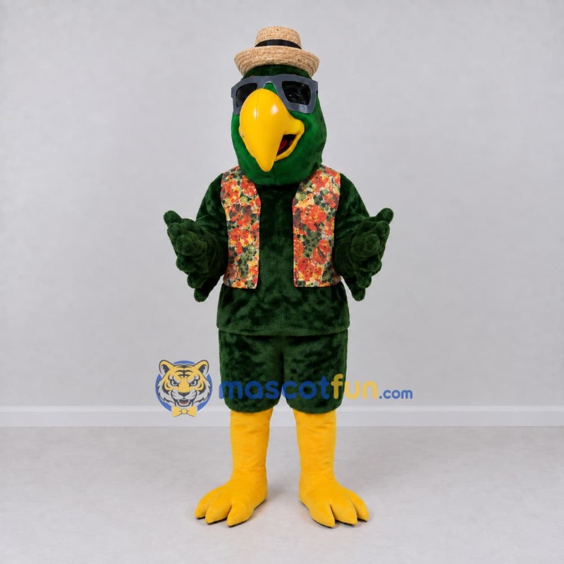 Custom Green and Yellow Parrot Character in a Floral Vest Mascot Costume Adult Full Body Suit for Summer Events Custom Green and Yellow Parrot Character in a Floral Vest Mascot Costume Adult Full Body Suit for Summer Events