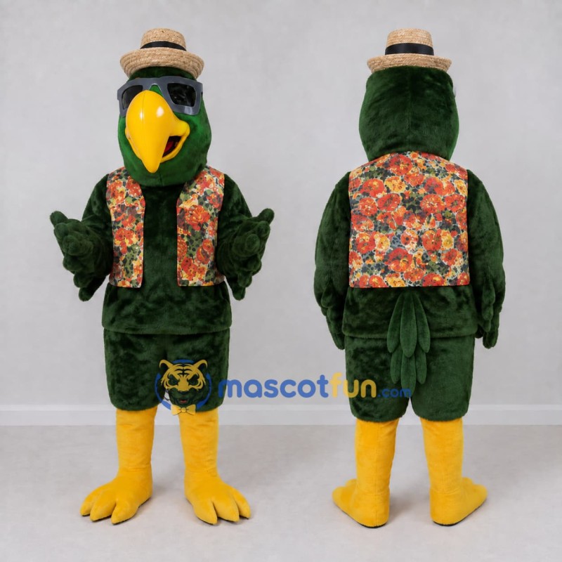 Custom Green and Yellow Parrot Character in a Floral Vest Mascot Costume Adult Full Body Suit for Summer Events Custom Green and Yellow Parrot Character in a Floral Vest Mascot Costume Adult Full Body Suit for Summer Events