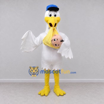 Custom White and Yellow Stork Character with a Baby Bundle Mascot Costume Adult Full Body Suit for Theme Parties Custom White and Yellow Stork Character with a Baby Bundle Mascot Costume Adult Full Body Suit for Theme Parties