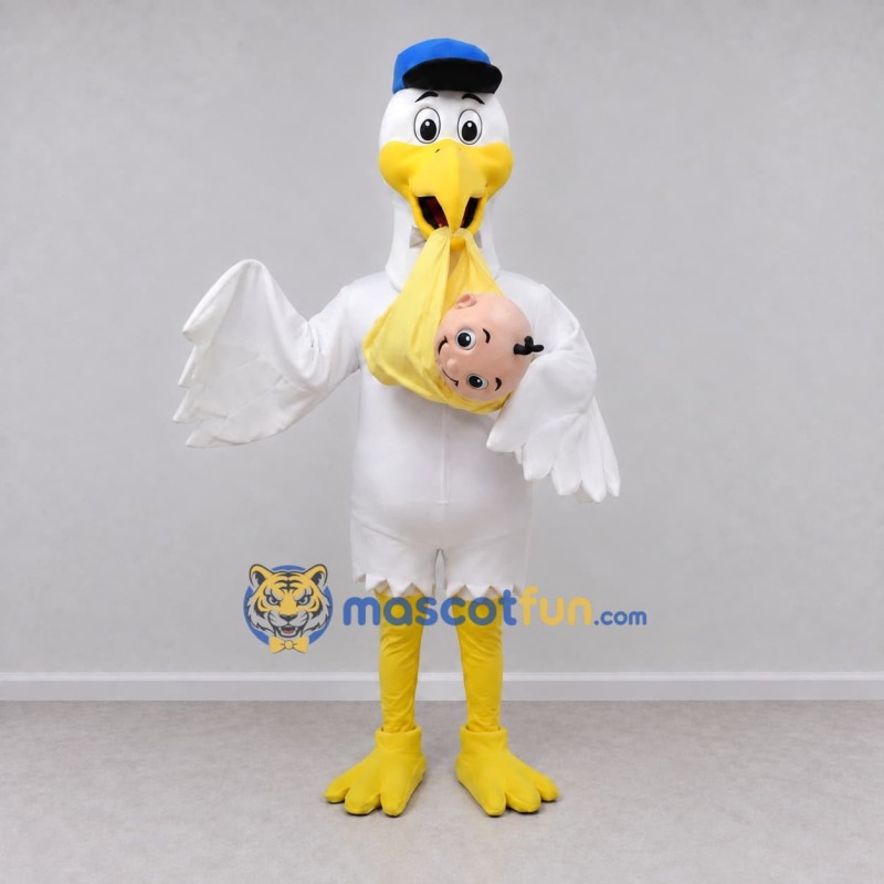 Custom White and Yellow Stork Character with a Baby Bundle Mascot Costume Adult Full Body Suit for Theme Parties Custom White and Yellow Stork Character with a Baby Bundle Mascot Costume Adult Full Body Suit for Theme Parties