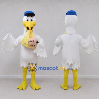 Custom White and Yellow Stork Character with a Baby Bundle Mascot Costume Adult Full Body Suit for Theme Parties