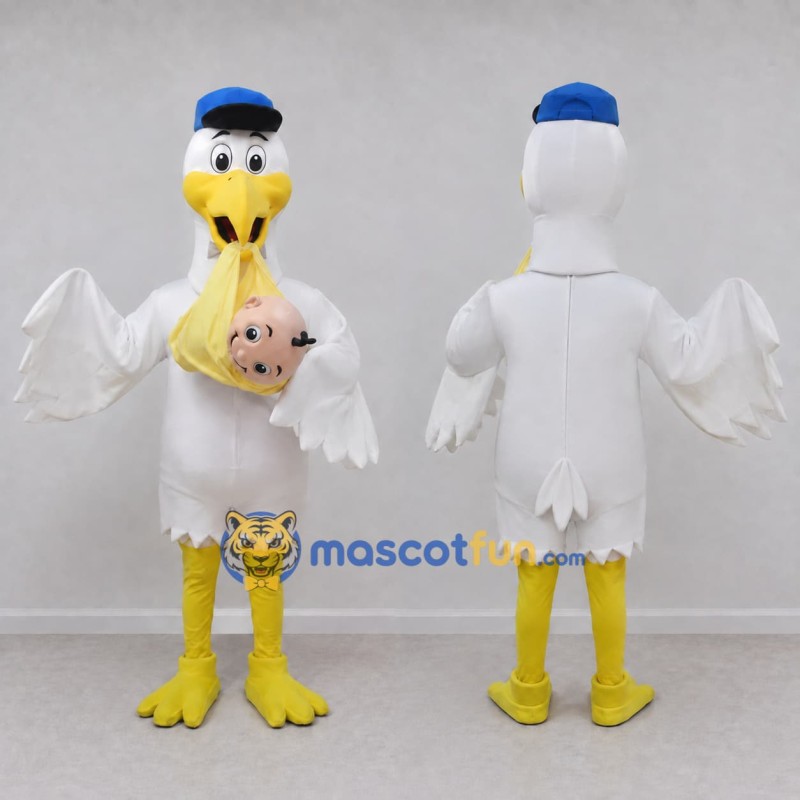 Custom White and Yellow Stork Character with a Baby Bundle Mascot Costume Adult Full Body Suit for Theme Parties Custom White and Yellow Stork Character with a Baby Bundle Mascot Costume Adult Full Body Suit for Theme Parties