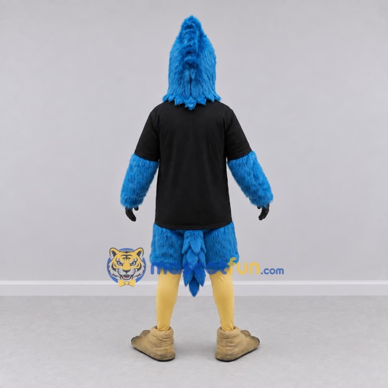 Custom Blue and Black Crested Bird Character in a T-Shirt Mascot Costume Adult Full Body Suit for Sports Events Custom Blue and Black Crested Bird Character in a T-Shirt Mascot Costume Adult Full Body Suit for Sports Events