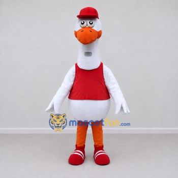 Custom White and Red Goose Character in Sportswear Mascot Costume Adult Full Body Suit for Sports Events Custom White and Red Goose Character in Sportswear Mascot Costume Adult Full Body Suit for Sports Events