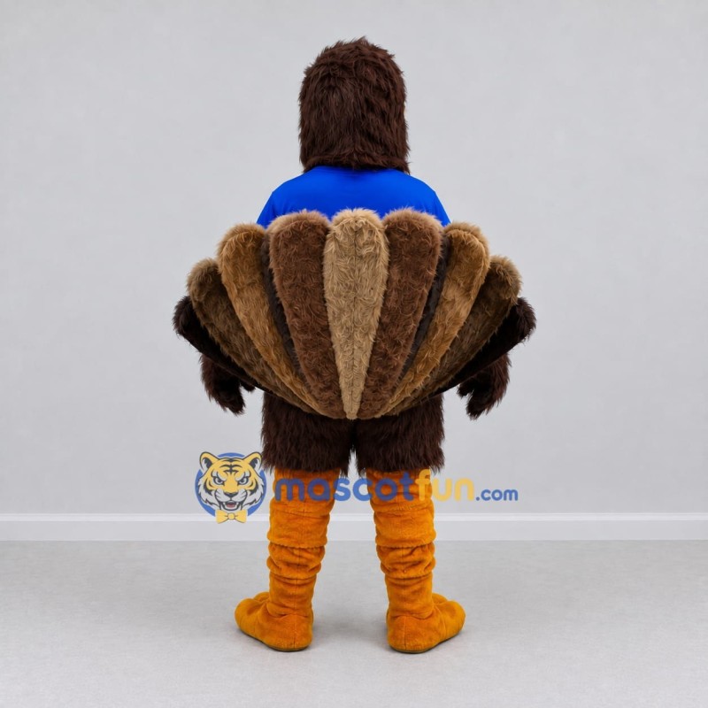 Custom Brown and Blue Turkey Character in a T-Shirt Mascot Costume Adult Full Body Suit for Farm Events Custom Brown and Blue Turkey Character in a T-Shirt Mascot Costume Adult Full Body Suit for Farm Events