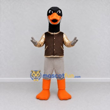 Custom Black and Brown Duck Character in a Jacket Mascot Costume Adult Full Body Suit for School Events Custom Black and Brown Duck Character in a Jacket Mascot Costume Adult Full Body Suit for School Events
