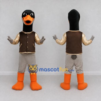 Custom Black and Brown Duck Character in a Jacket Mascot Costume Adult Full Body Suit for School Events