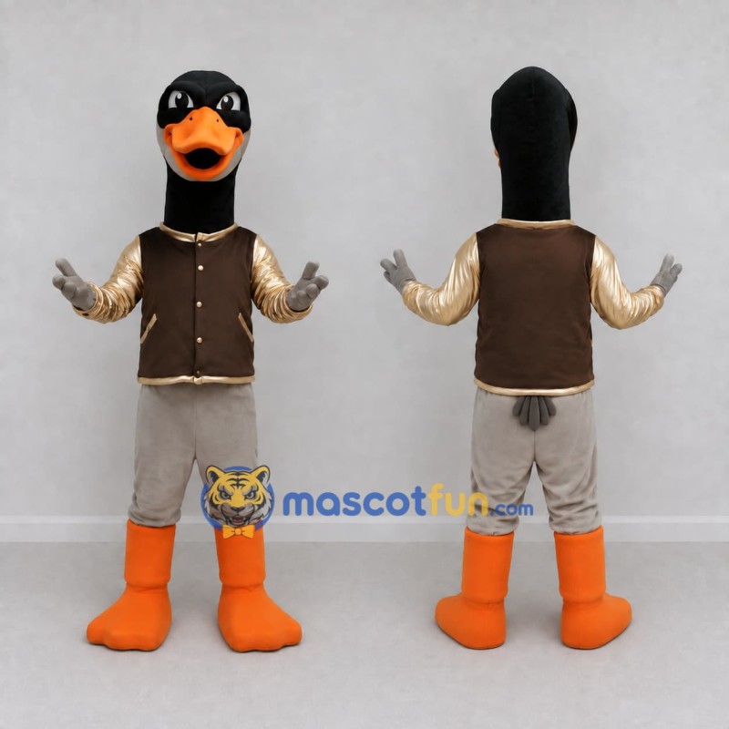 Custom Black and Brown Duck Character in a Jacket Mascot Costume Adult Full Body Suit for School Events