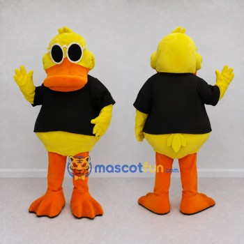 Custom Yellow and Black Duck Character in a T-Shirt Mascot Costume Adult Full Body Suit for School Events