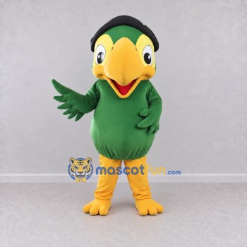 Custom Green and Yellow Parrot Character with a Cap Mascot Costume Adult Full Body Suit for School Events Custom Green and Yellow Parrot Character with a Cap Mascot Costume Adult Full Body Suit for School Events