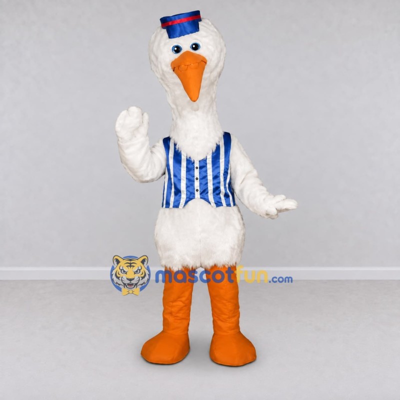 Custom White and Blue Stork Character in a Striped Vest Mascot Costume Adult Full Body Suit for Theme Parties Custom White and Blue Stork Character in a Striped Vest Mascot Costume Adult Full Body Suit for Theme Parties