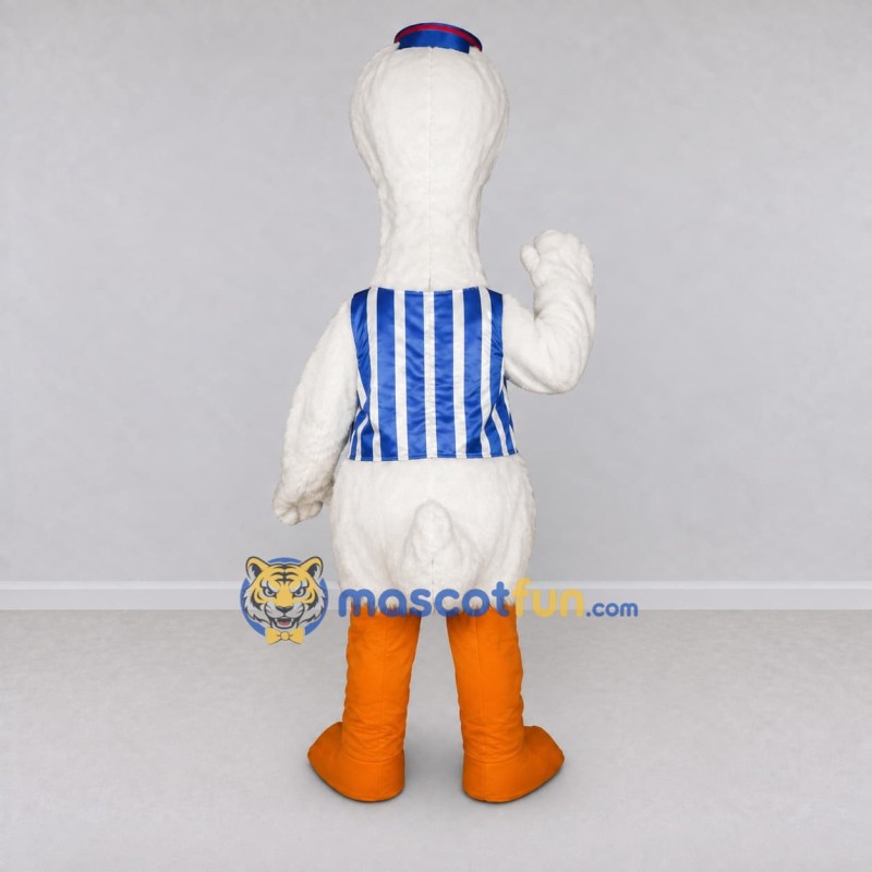 Custom White and Blue Stork Character in a Striped Vest Mascot Costume Adult Full Body Suit for Theme Parties Custom White and Blue Stork Character in a Striped Vest Mascot Costume Adult Full Body Suit for Theme Parties
