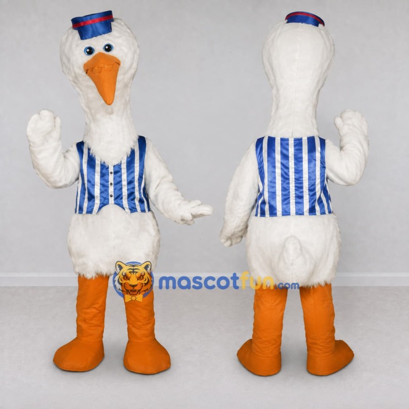 Custom White and Blue Stork Character in a Striped Vest Mascot Costume Adult Full Body Suit for Theme Parties Custom White and Blue Stork Character in a Striped Vest Mascot Costume Adult Full Body Suit for Theme Parties
