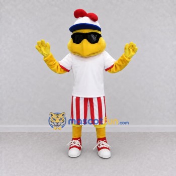 Custom Yellow and Red Chicken Character with Sunglasses Mascot Costume Adult Full Body Suit for Summer Events Custom Yellow and Red Chicken Character with Sunglasses Mascot Costume Adult Full Body Suit for Summer Events