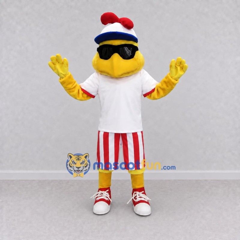 Custom Yellow and Red Chicken Character with Sunglasses Mascot Costume Adult Full Body Suit for Summer Events Custom Yellow and Red Chicken Character with Sunglasses Mascot Costume Adult Full Body Suit for Summer Events