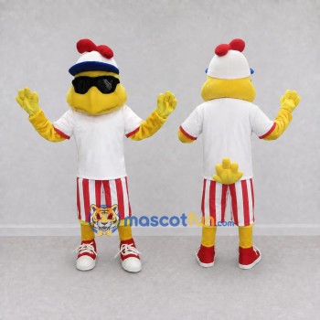 Custom Yellow and Red Chicken Character with Sunglasses Mascot Costume Adult Full Body Suit for Summer Events