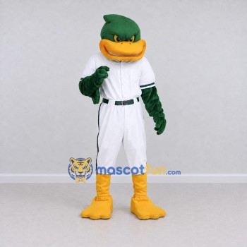 Custom Green and White Duck Character in a Baseball Uniform Mascot Costume Adult Full Body Suit for Sports Events Custom Green and White Duck Character in a Baseball Uniform Mascot Costume Adult Full Body Suit for Sports Events
